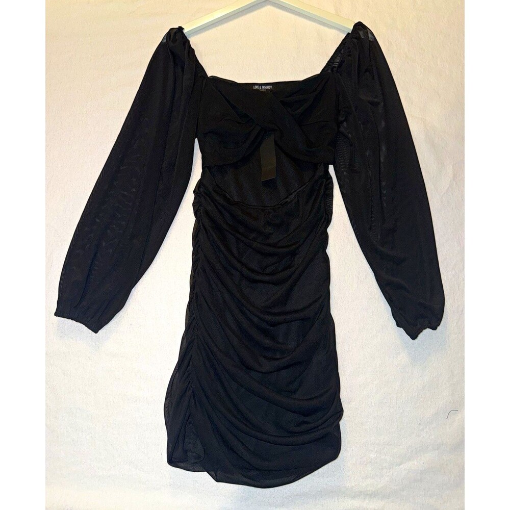 Love & Whimsy Black Ruched Sheer Mesh Bodycon Mini Dress Puff Sleeve S